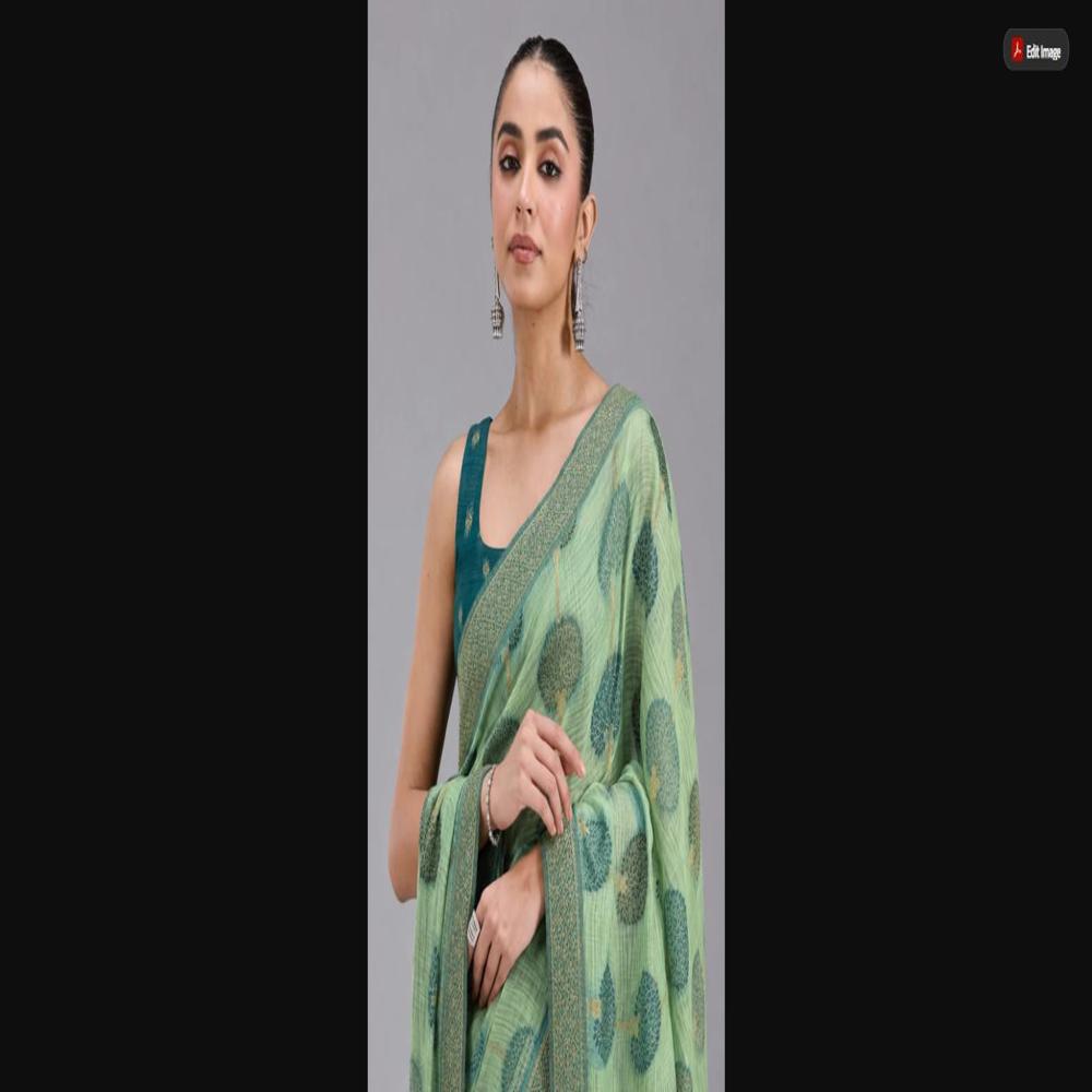 Mint Green Cotton Saree With Tree Motifs & Teal Zari Border - Occasion: Party Wear
