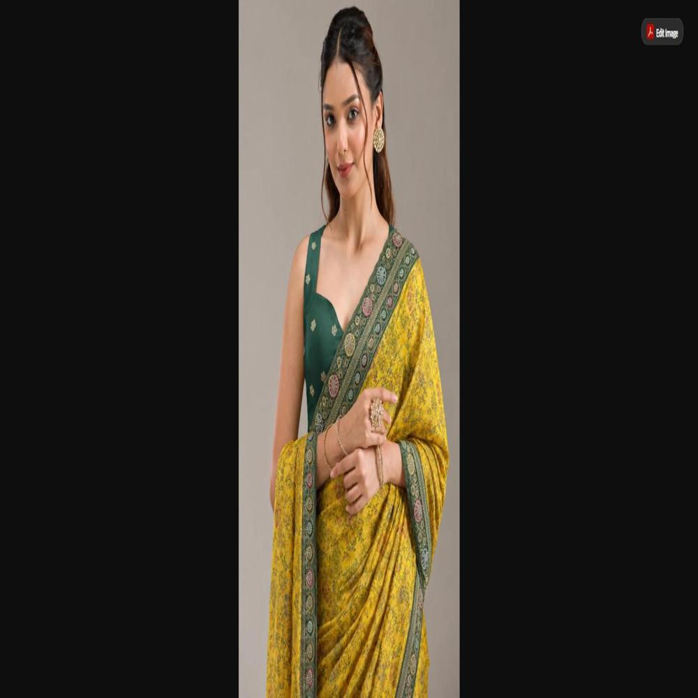 Mustard Yellow Satin Saree With Floral Weaving & Pearl Work Border - Occasion: Party Wear