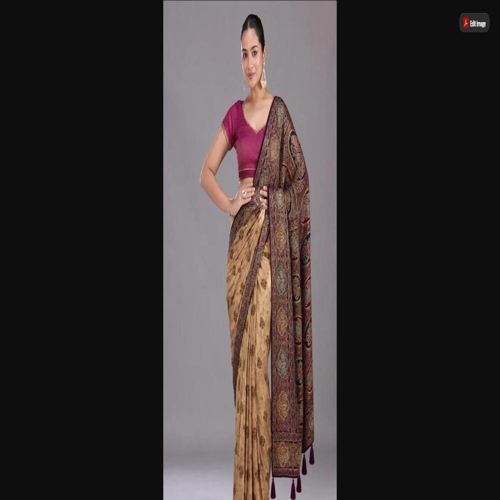 Tissue Saree With Heritage Motifs & Designer Border - Color: Royal Wine Gold