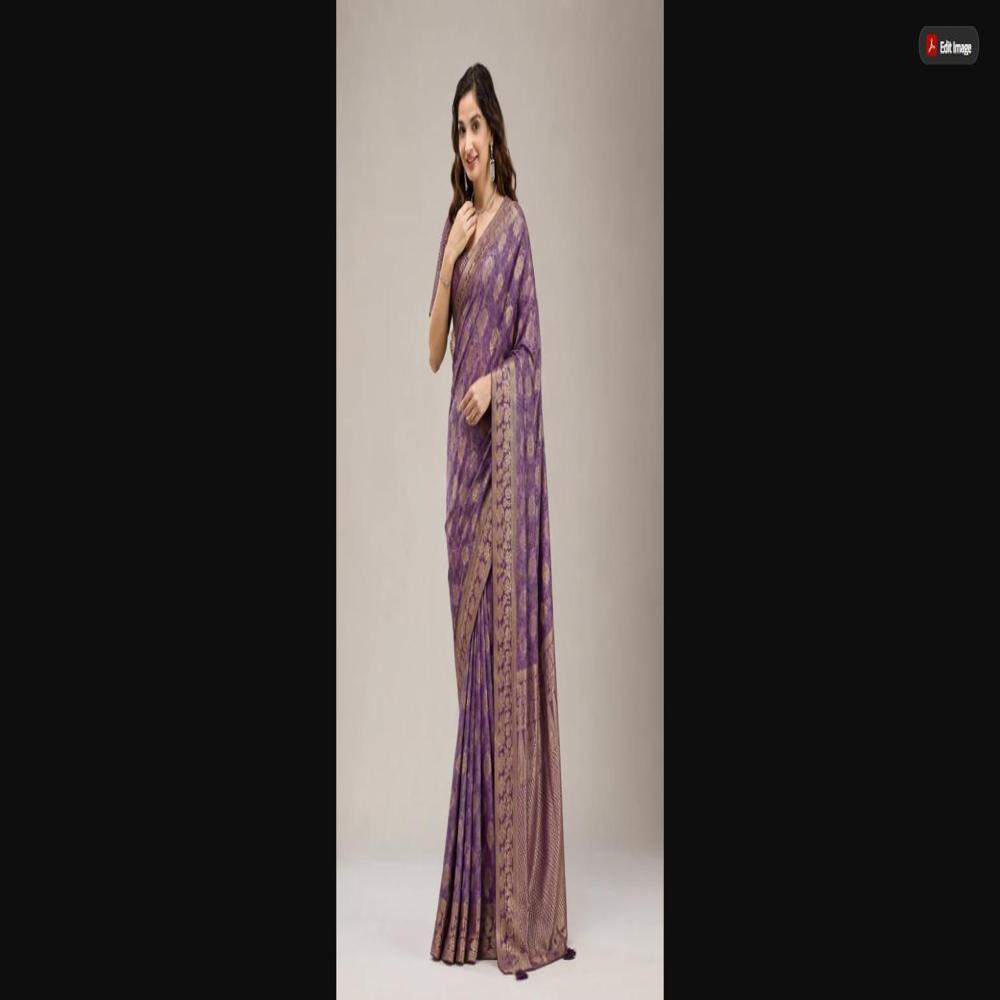 Royal Purple Satin Saree With Gold Floral Weaving & Heritage Border - Occasion: Party Wear