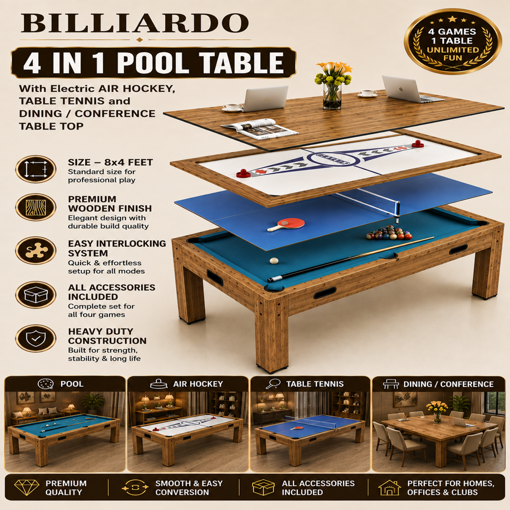 Billiardo 4 in 1 Multi Game Pool Table with Electric Air Hockey, Table Tennis Top and Dinning / Conference Table Top 