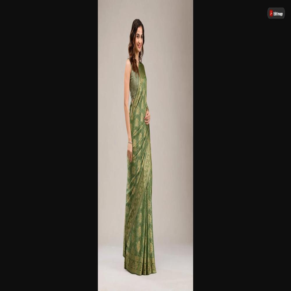 Olive Green Satin Saree With Woven Floral Butta & Heritage Border - Occasion: Party Wear