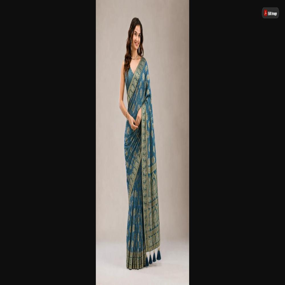Teal Blue Satin Saree With Floral Butta Weaving & Heritage Border - Occasion: Party Wear