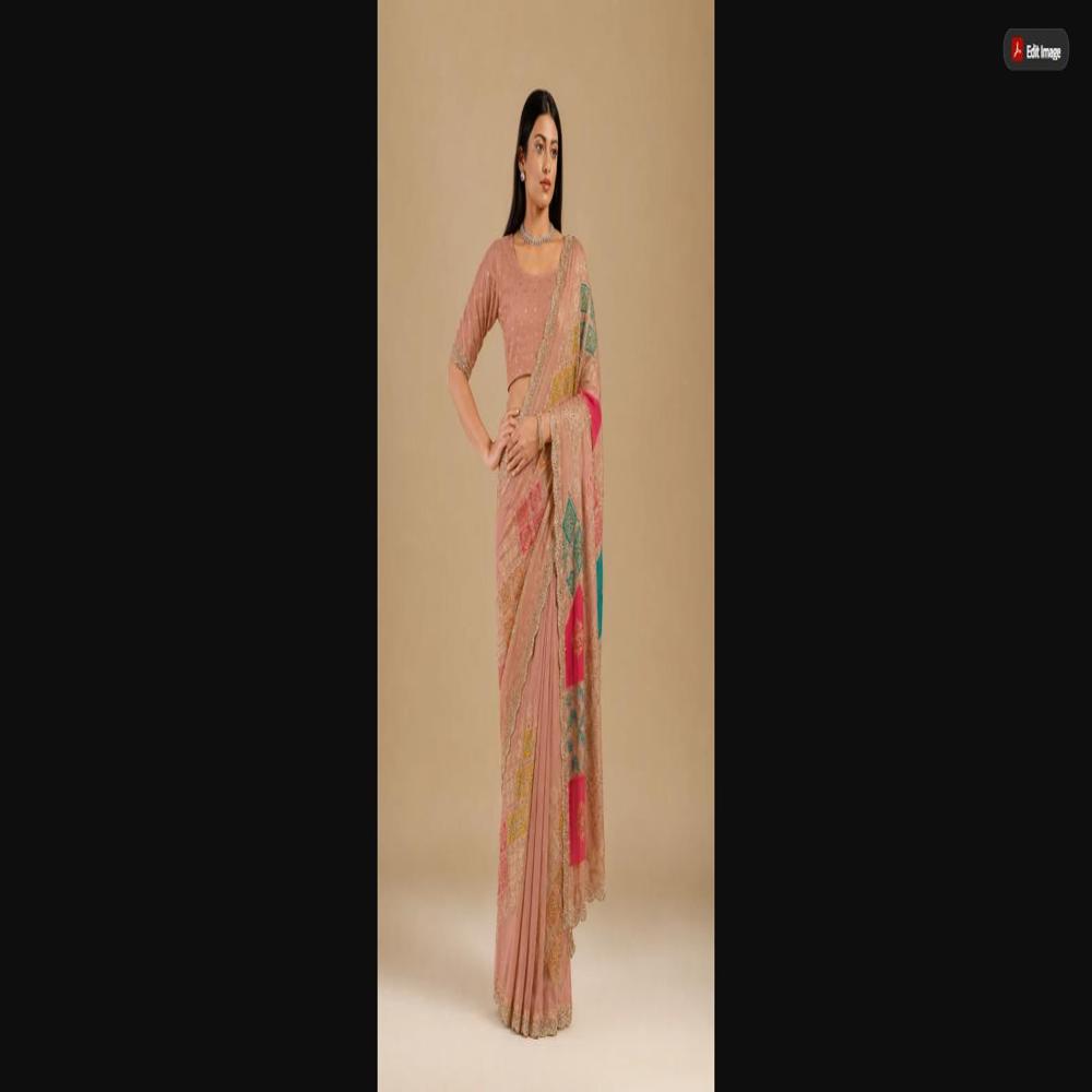 Peach Pink Malai Satin Saree With Rainbow Box Design & Cut Work Border - Occasion: Party Wear