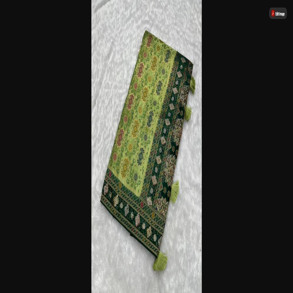 Pista Green Kashmiri Satin Saree With Rich Woven Pallu & Designer Border - Occasion: Party Wear