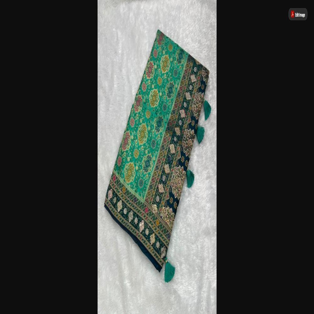 Peacock Blue Kashmiri Satin Saree With Sea Green Woven Pallu - Occasion: Party Wear