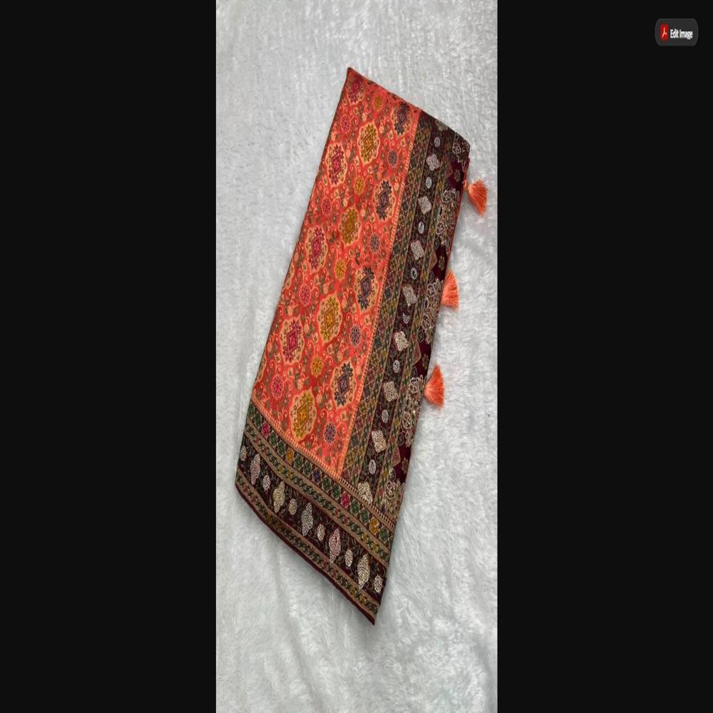 Coral Kashmiri Satin Saree With Woven Pallu & Designer Border - Occasion: Party Wear