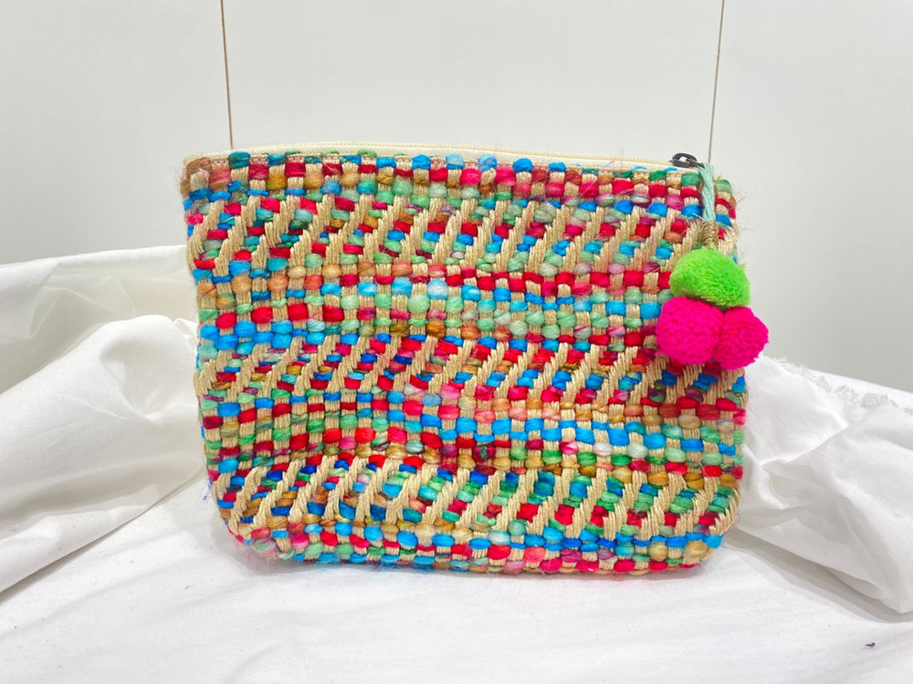 Colorful Woven Pom Pom Pouch