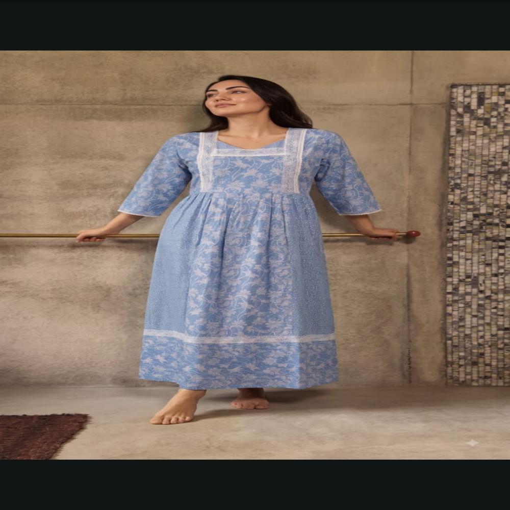 Pure Cotton Kaftan Nightdress for Women | Arabic Long Nightgown with Lace | EVOLOVE