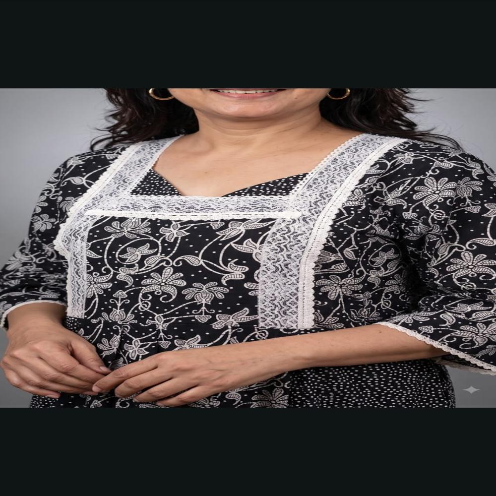 EVOLOVE Long Kaftan Nightdress for Women Arabic Style Pure Cotton Nightgown with Lace