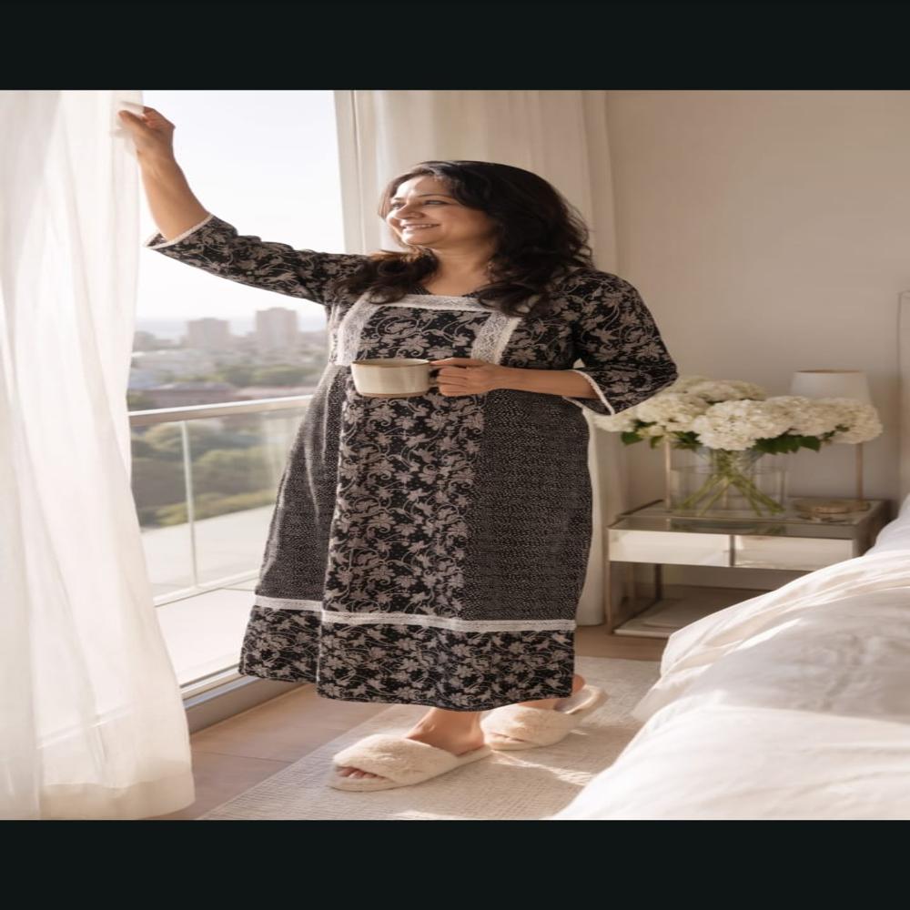 EVOLOVE Long Kaftan Nightdress for Women Arabic Style Pure Cotton Nightgown with Lace
