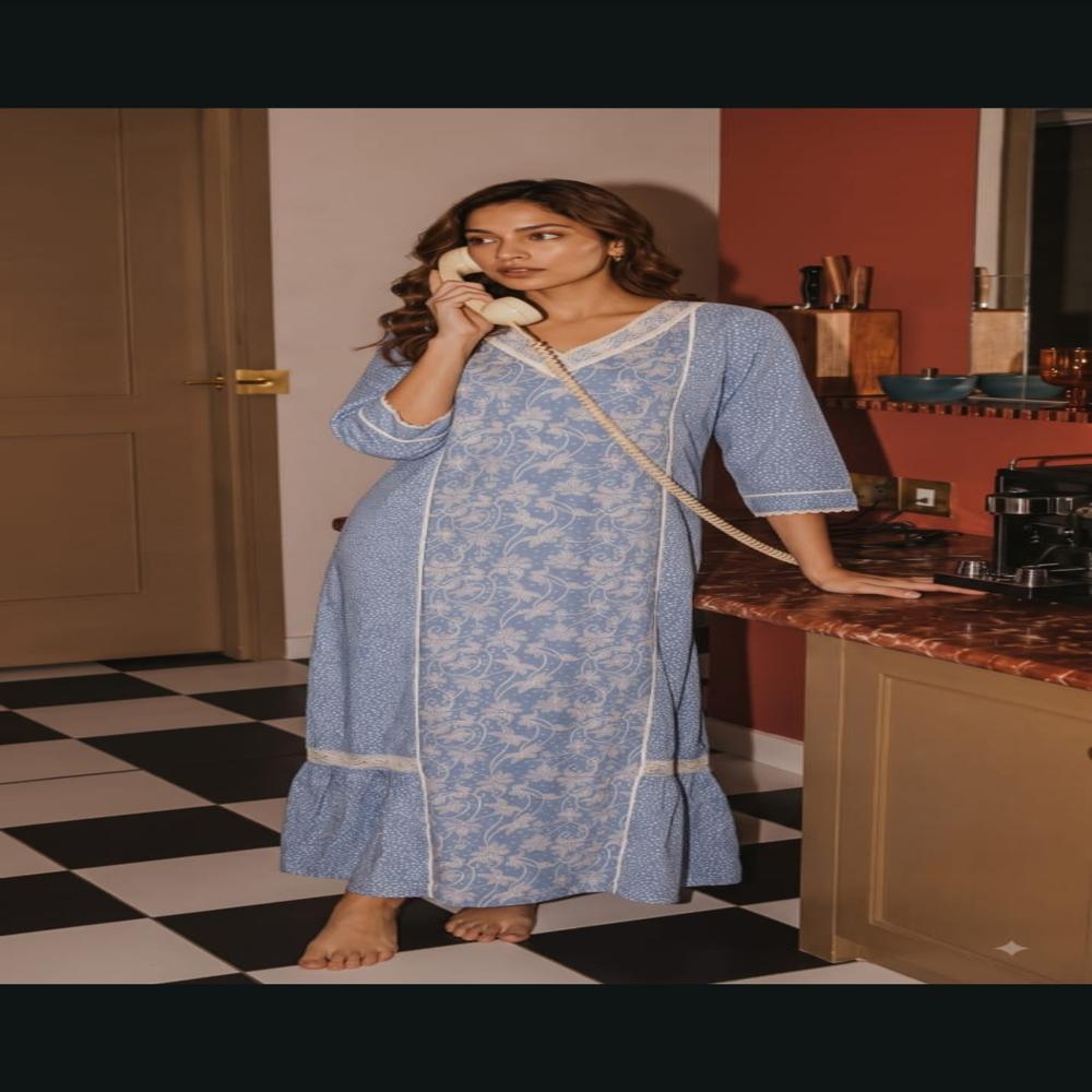 Arabic Pure Cotton Kaftan Nightdress for Women | Long Nightgown with Lace