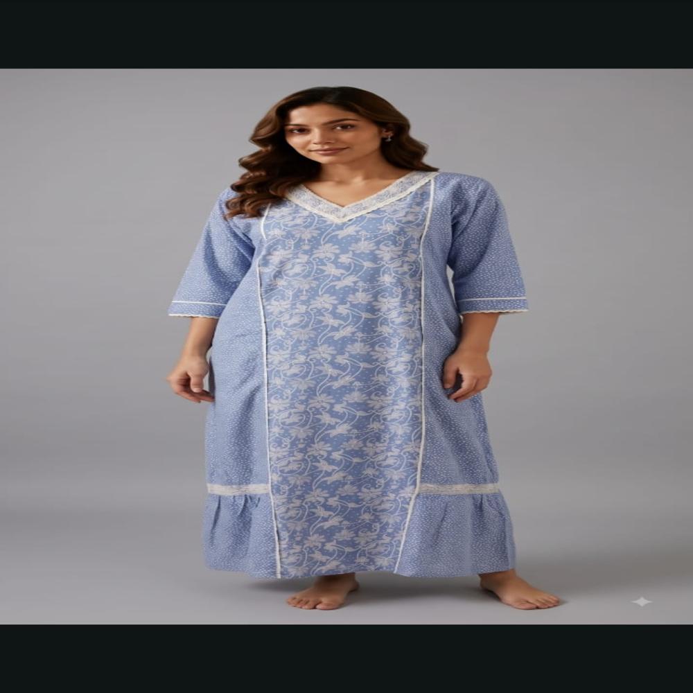 Arabic Pure Cotton Kaftan Nightdress for Women | Long Nightgown with Lace