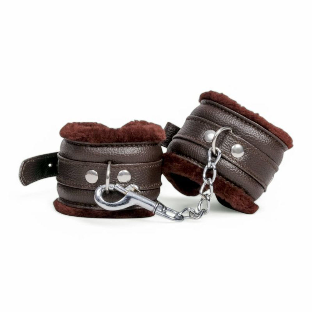 Brown Leather Bdsm Handcuffs with Fur