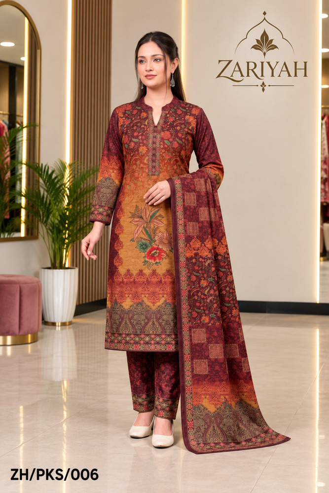 ZH-PKS-006 Printed Kurti With Trouser And Shawl