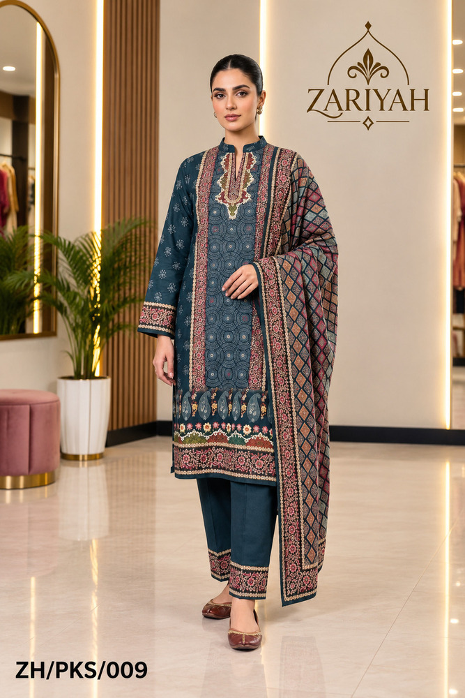 ZH-PKS-009 Fancy Printed Kurti With Trouser And Shawl