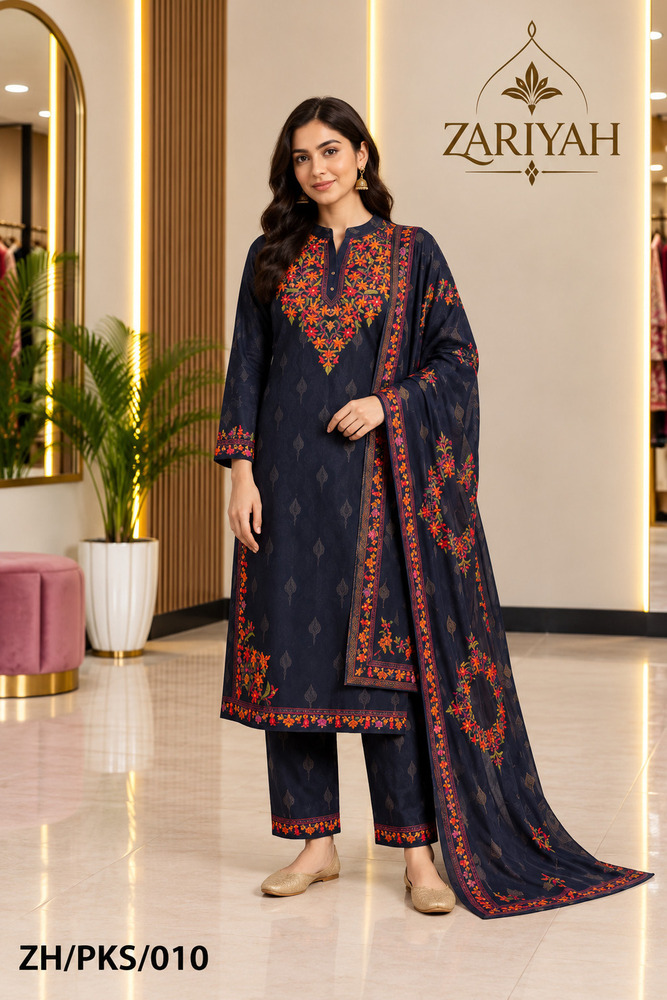 ZH-PKS-010 Designer Printed Kurti With Trouser And Shawl