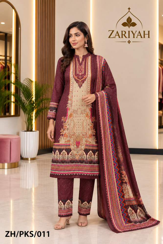 ZH-PKS-011 Stylish Printed Kurti With Trouser And Shawl