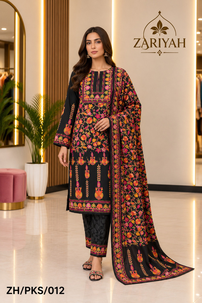 ZH-PKS-012 Party Wear Printed Kurti With Trouser And Shawl