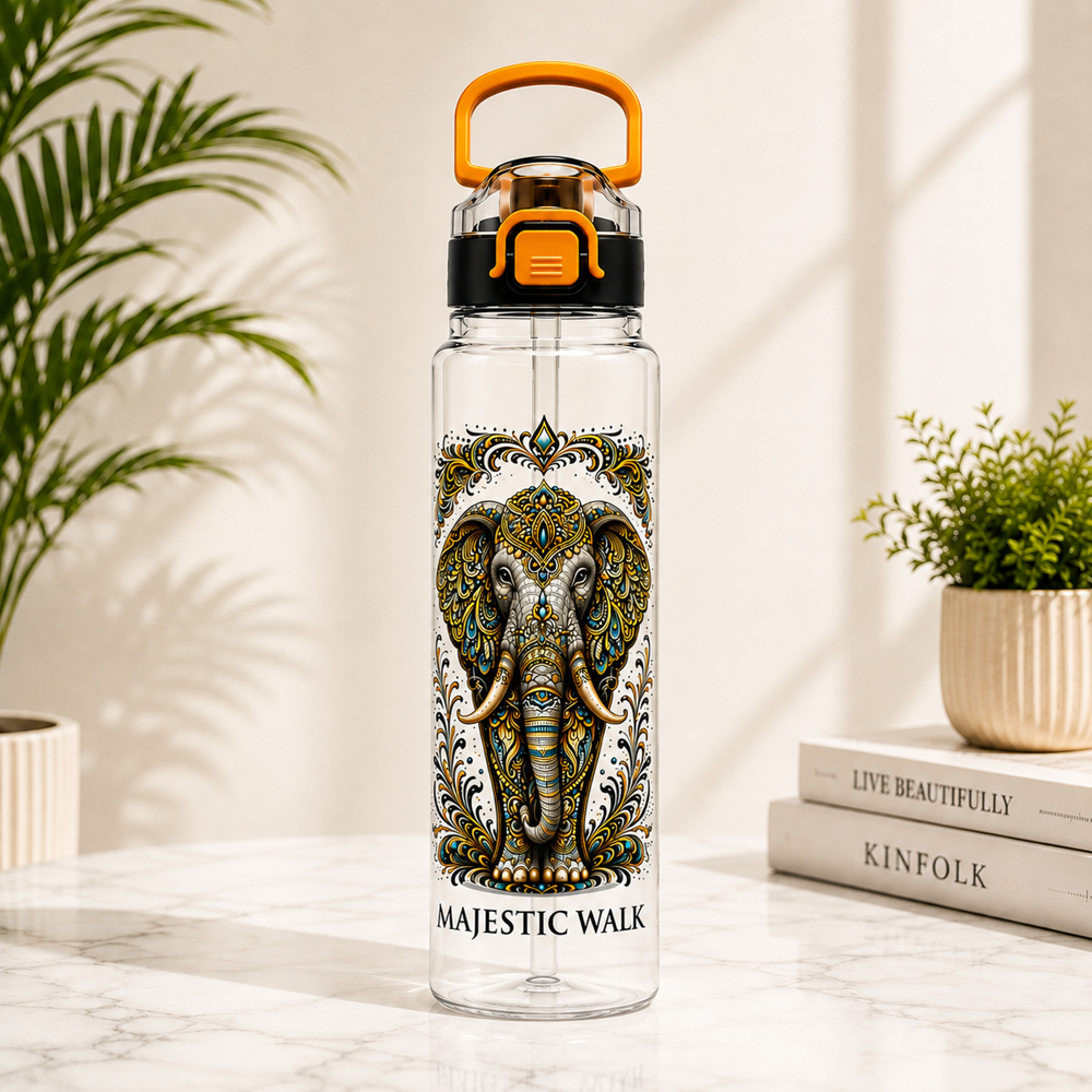 Elephant Printed Water Bottle With Handle & Flip Cap - Diameter: 23 X 7.5 Cm  Centimeter (Cm)