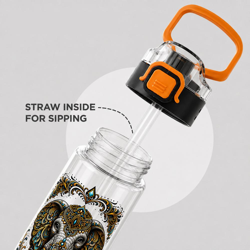 Elephant Printed Water Bottle with Handle & Flip Cap