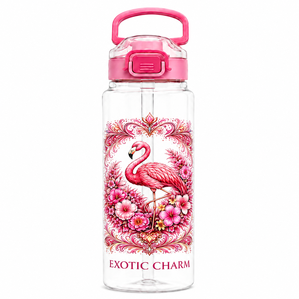 Flamingo Printed Water Bottle With Handle & Flip Cap - Color: Pink Withtransparent