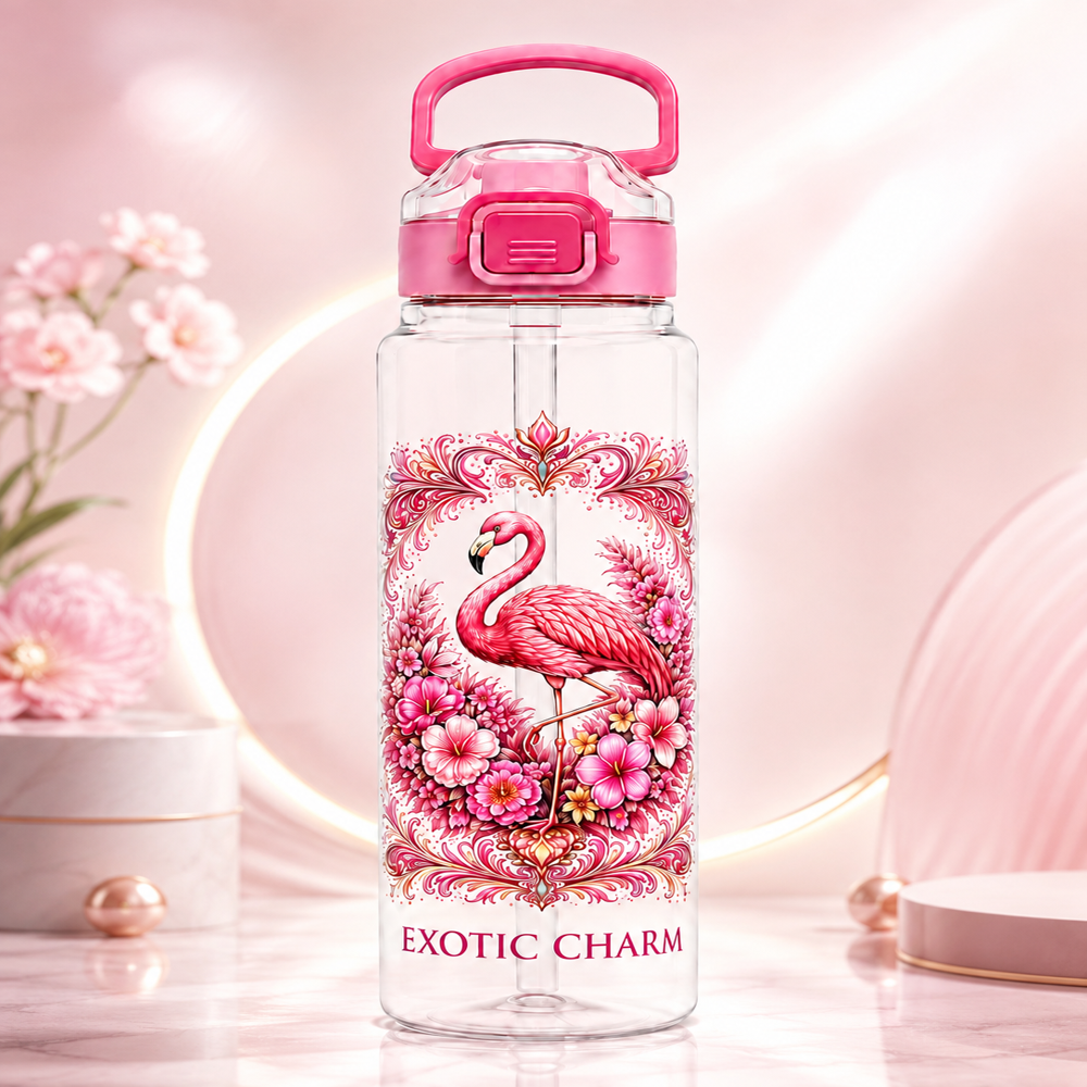 Flamingo Printed Water Bottle with Handle & Flip Cap