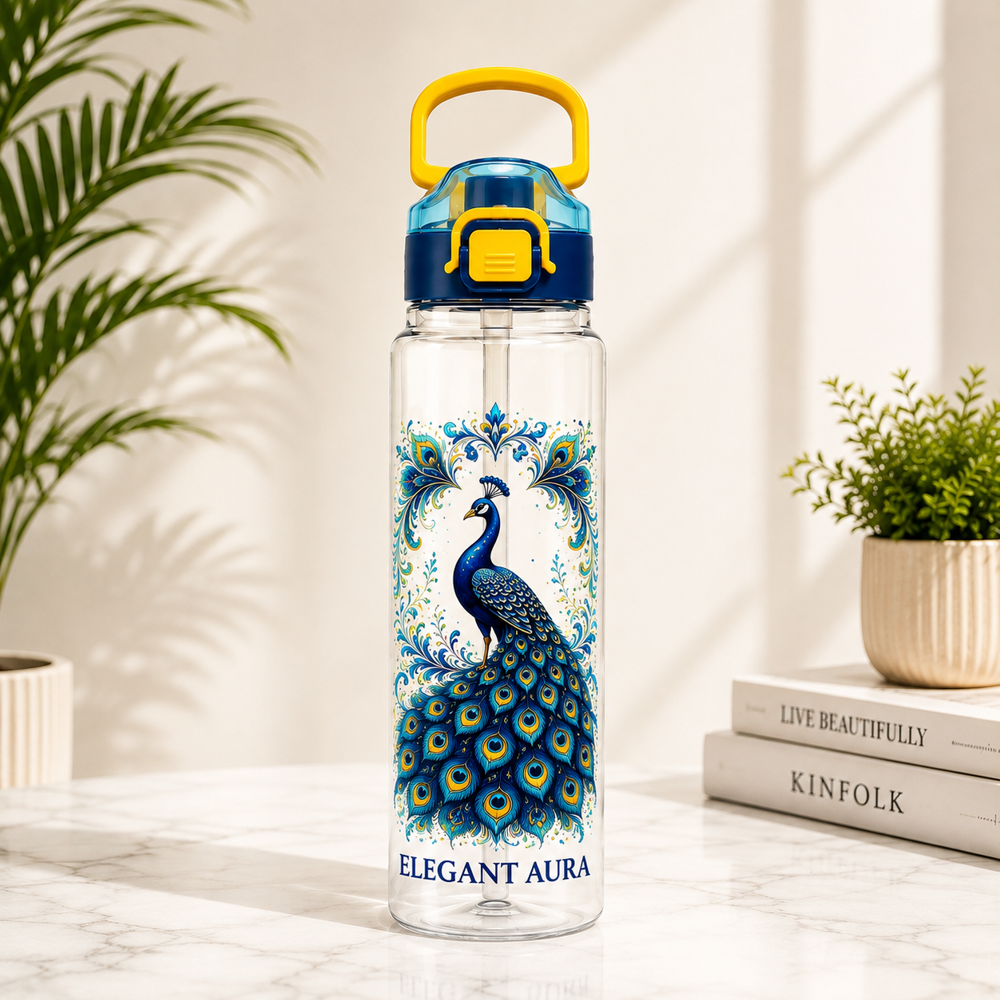 Peacock Printed Water Bottle With Straw Cap - Diameter: 23X7.5 Centimeter (Cm)
