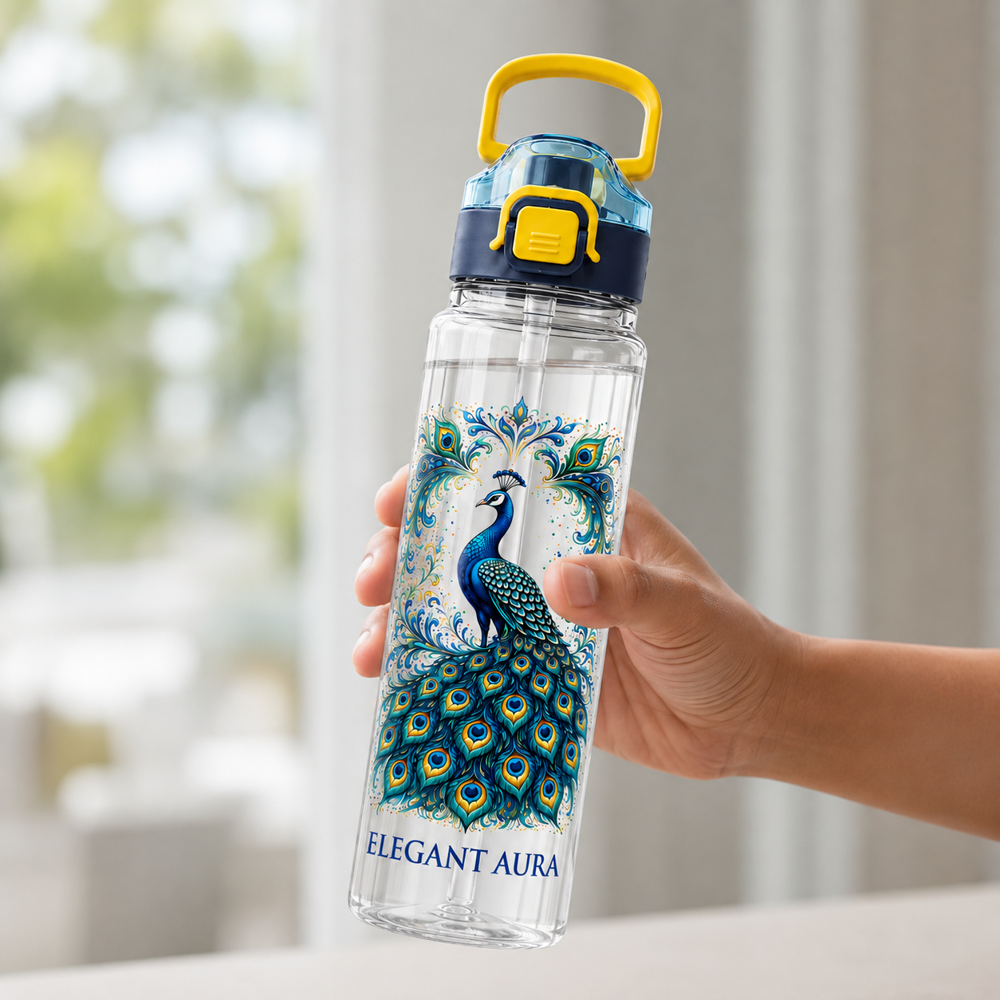 Peacock Printed Water Bottle with Straw Cap