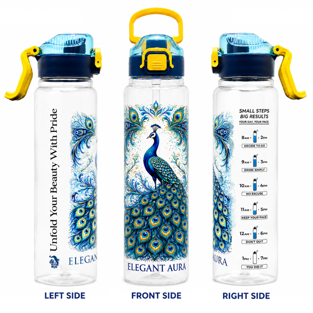 Peacock Printed Water Bottle with Straw Cap