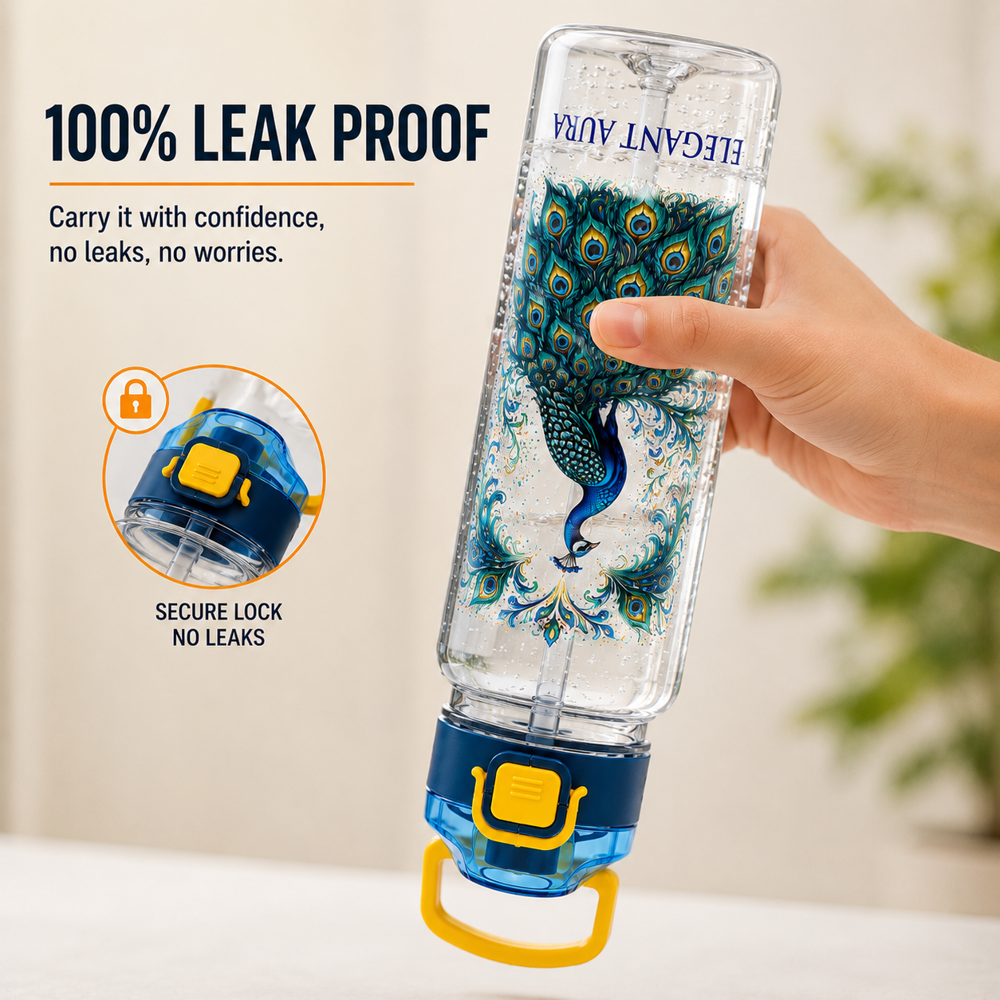 Peacock Printed Water Bottle with Straw Cap