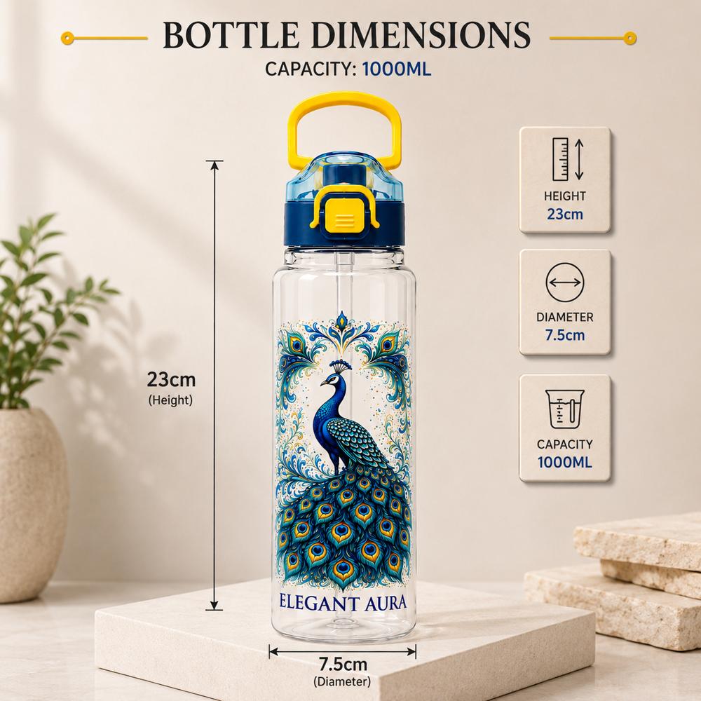 Peacock Printed Water Bottle with Straw Cap