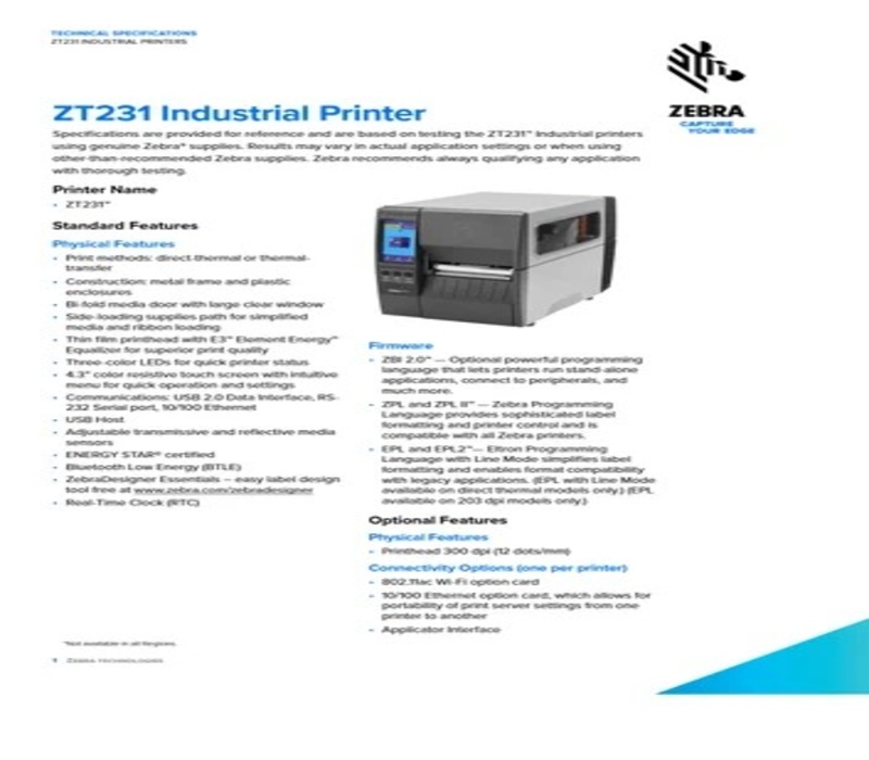 Zebra Zt231 Barcode Label Printer