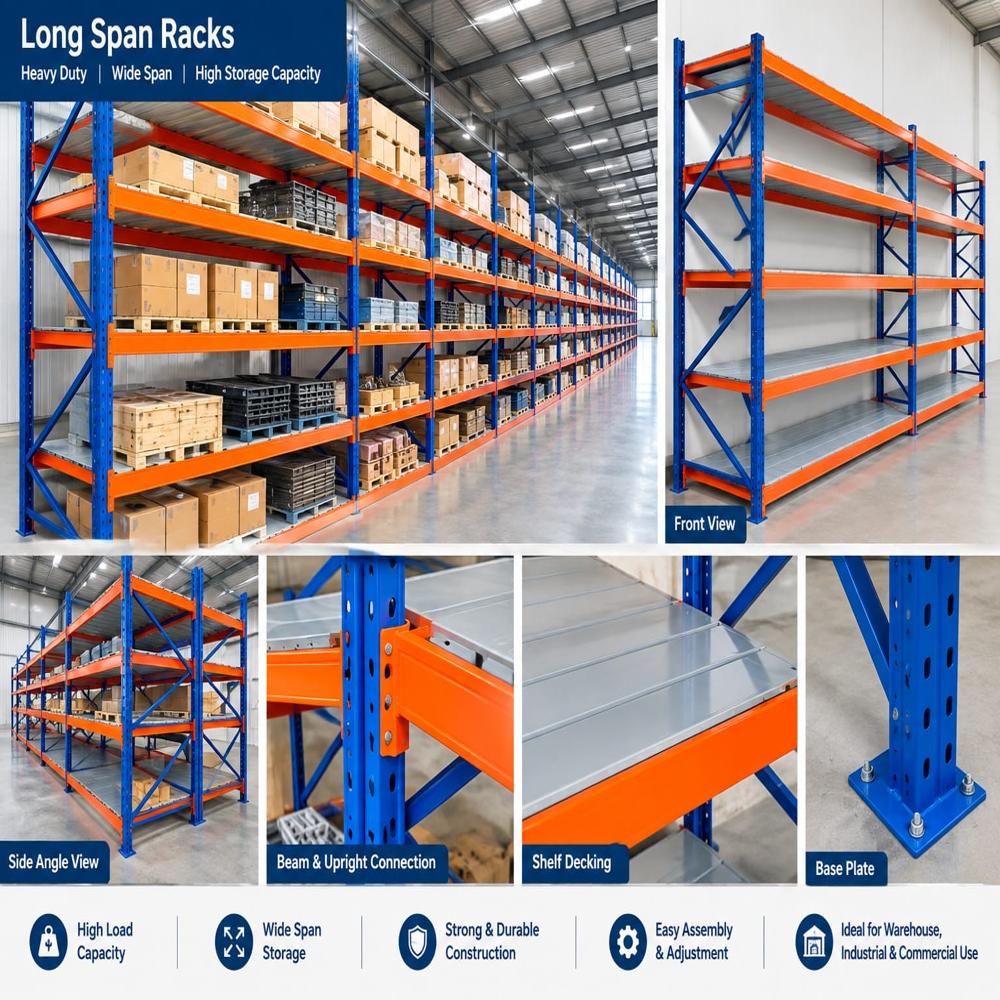 Long Span Racks - Steel, 1800-2500mm Length, Blue/orange/grey, Boltless Assembly, Adjustable Shelves, Corrosion Resistant