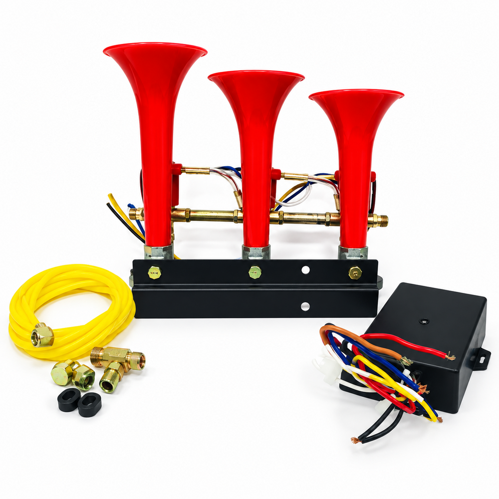 Tritone Horn - Plastic & Metal, Round Design, Red Color | Durable And Long-lasting Autolamp Solution