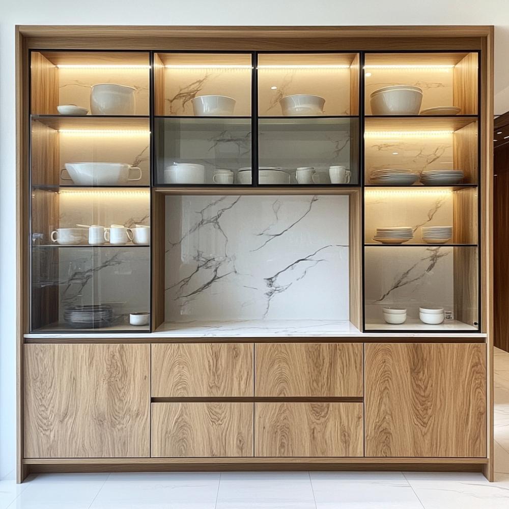Modern Crockery Unit Design with Shelves With Glass Shutters