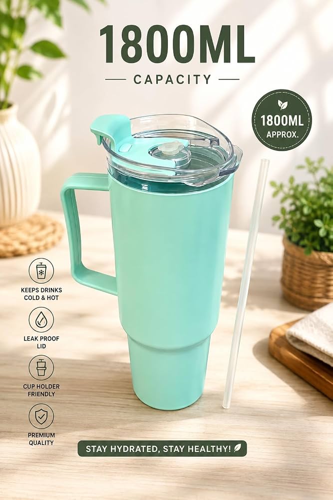 1800ml Plastic Tumbler with Handle & Straw