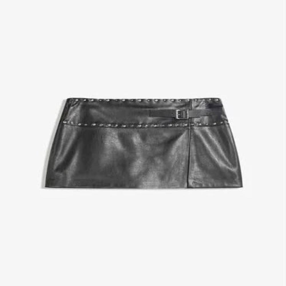 Womens Studded Faux Leather Mini Skirt with Belt