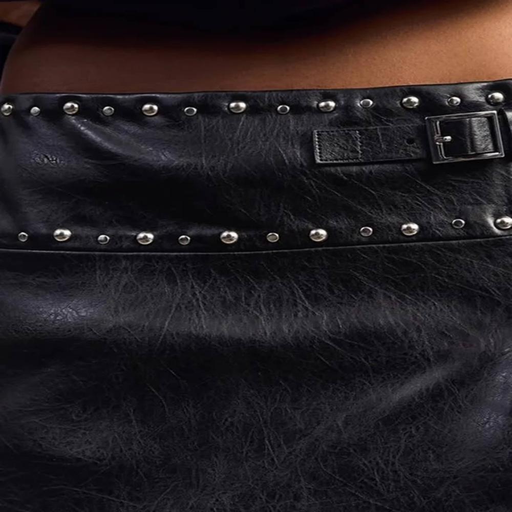 Womens Studded Faux Leather Mini Skirt with Belt