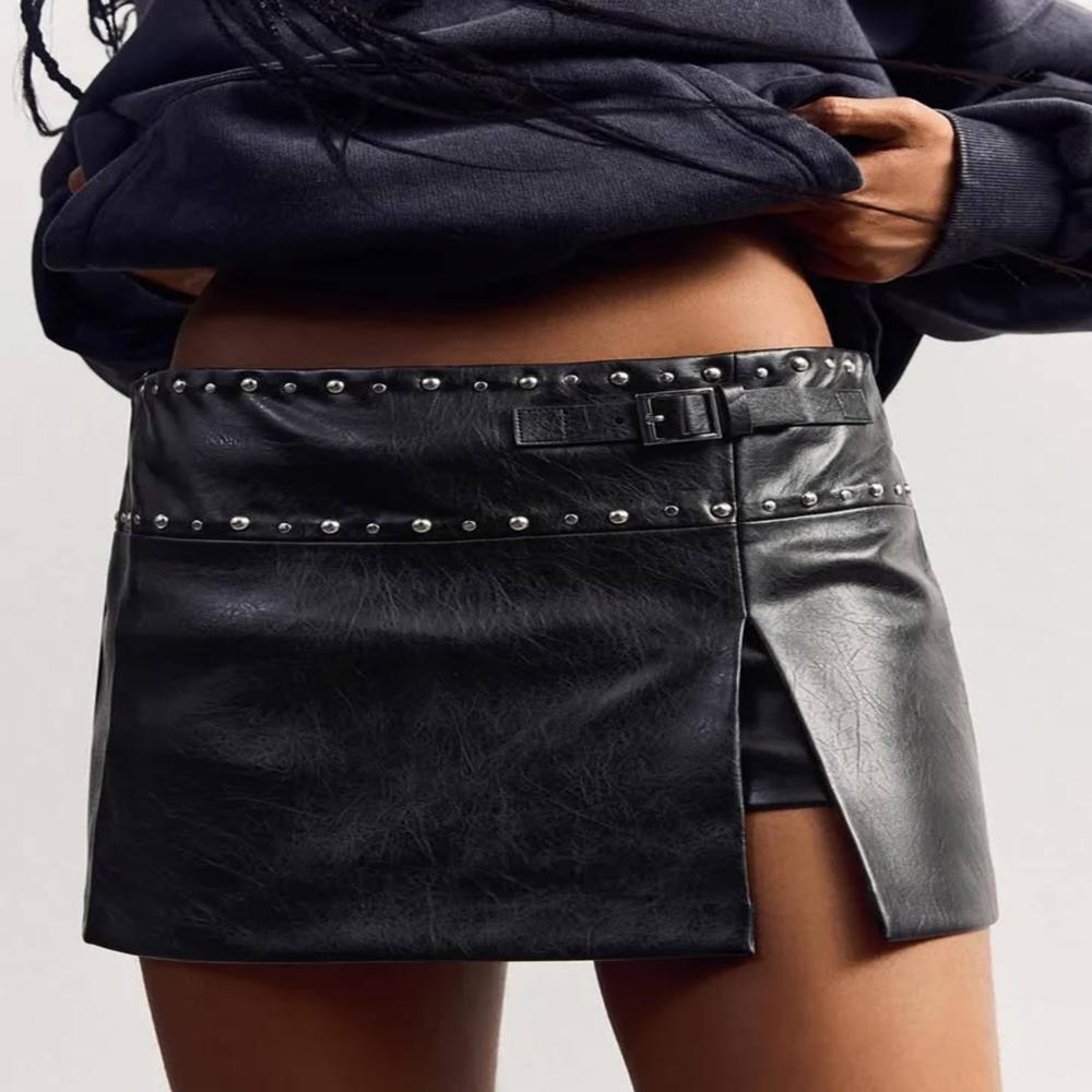 Womens Studded Faux Leather Mini Skirt with Belt
