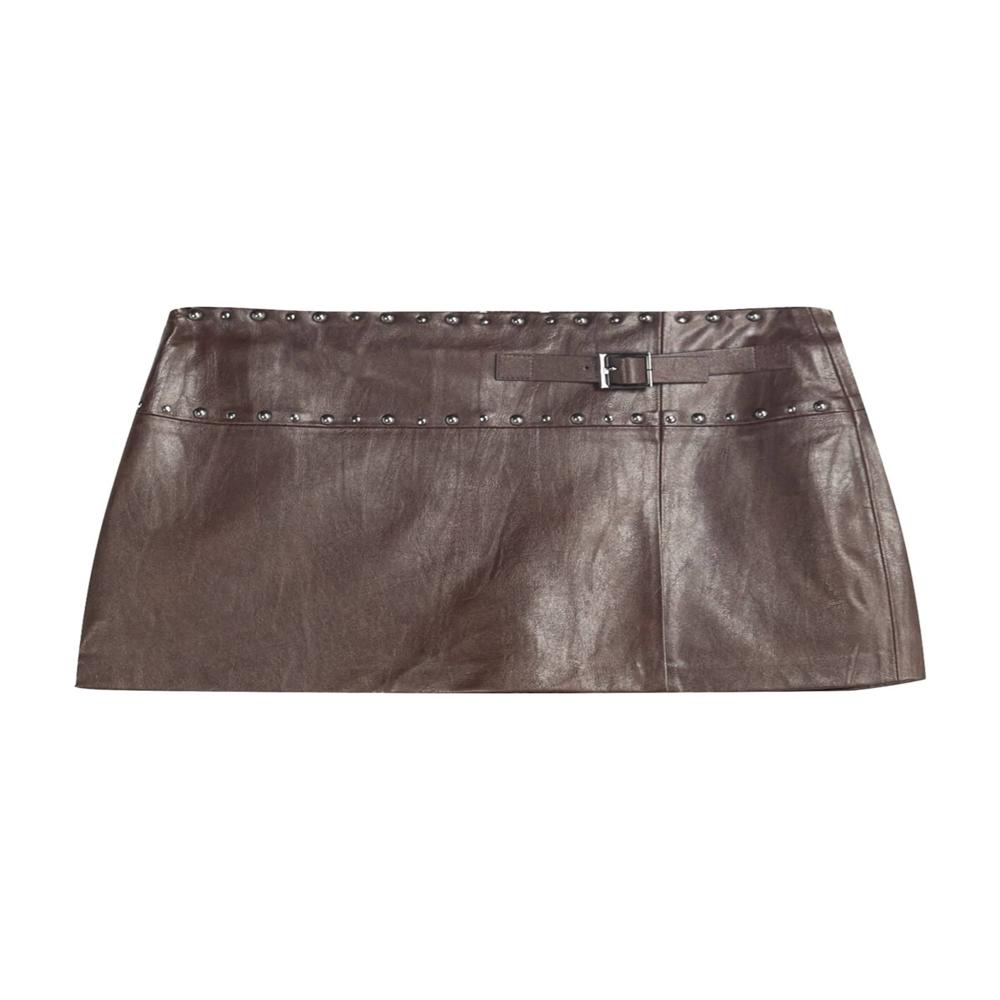 Womens Studded Faux Leather Mini Skirt with Belt