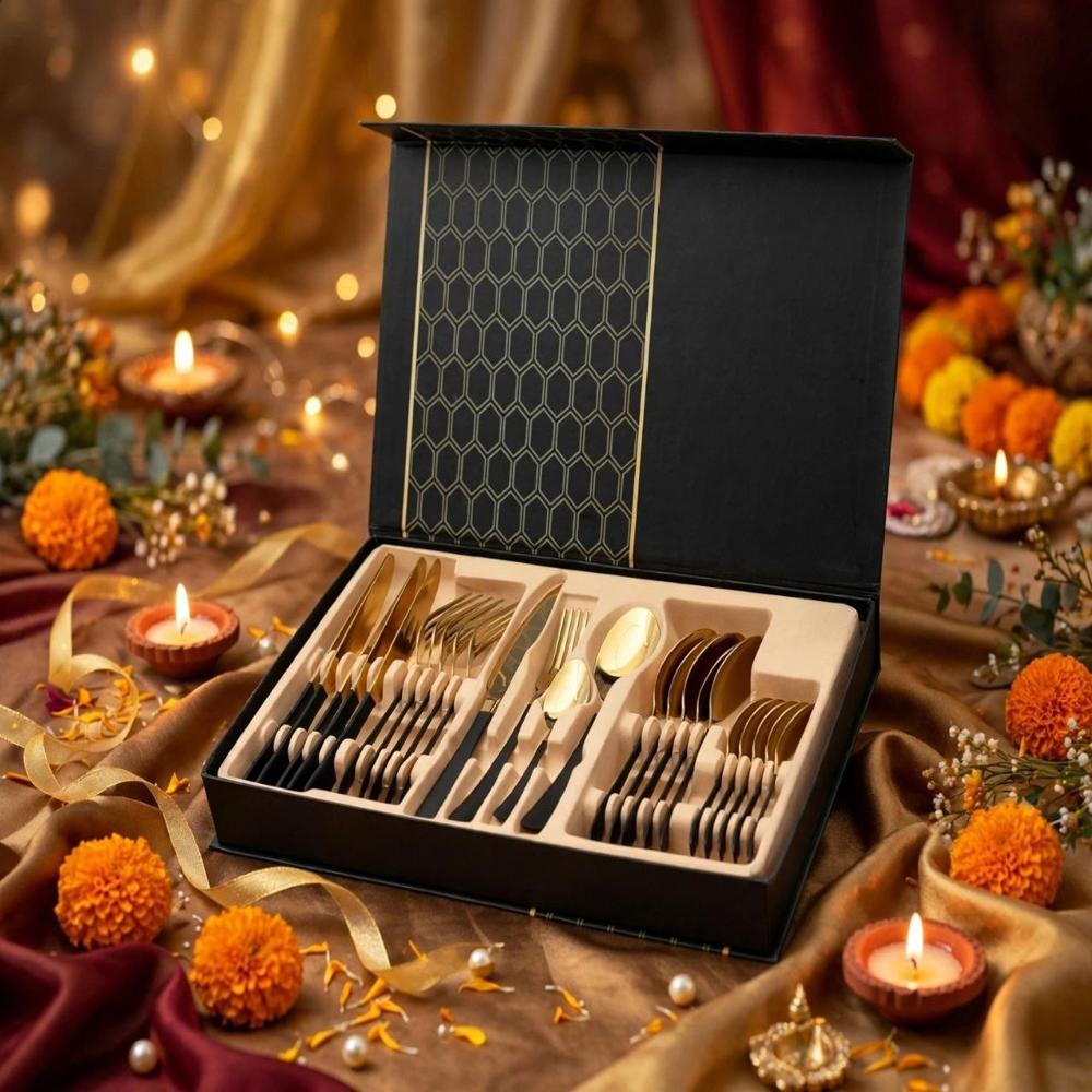 Gold And Black Stainless Steel Cutlery Set