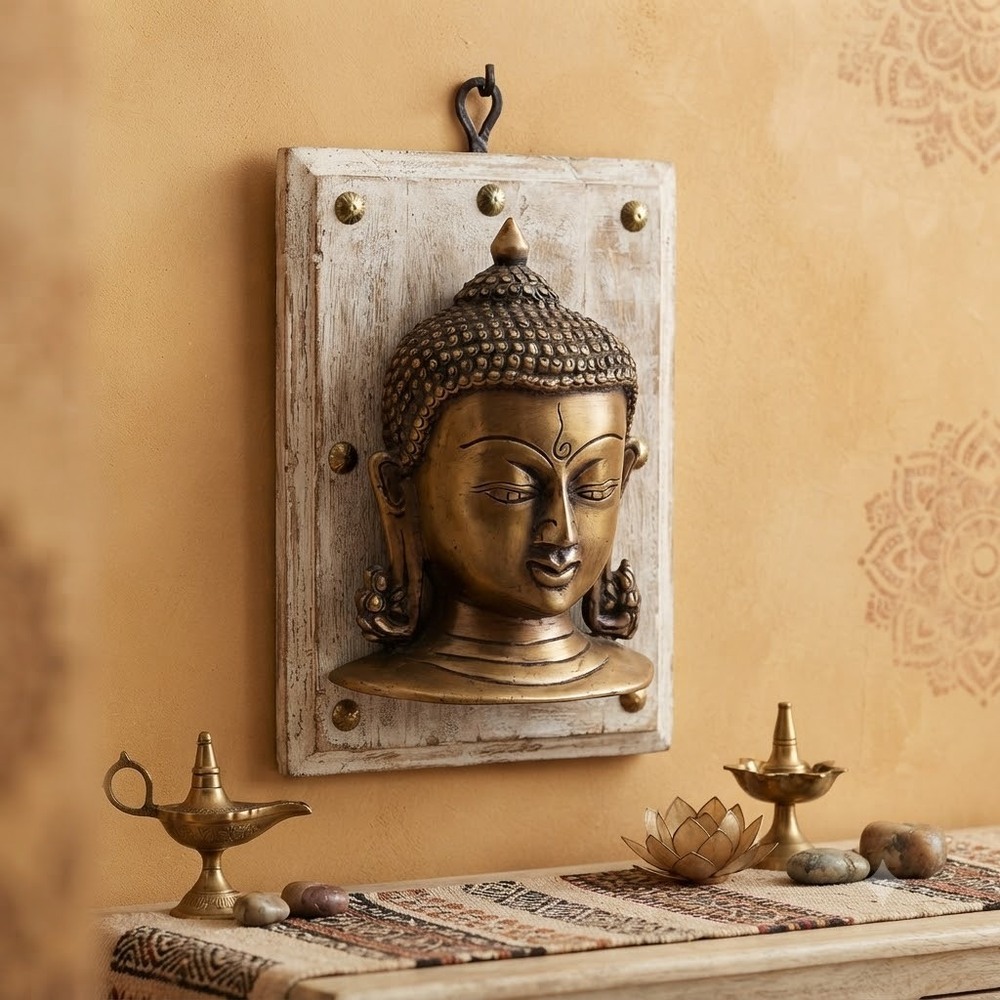 Solid Brass Buddha Wall Hanging Head Statue  Antique Decor