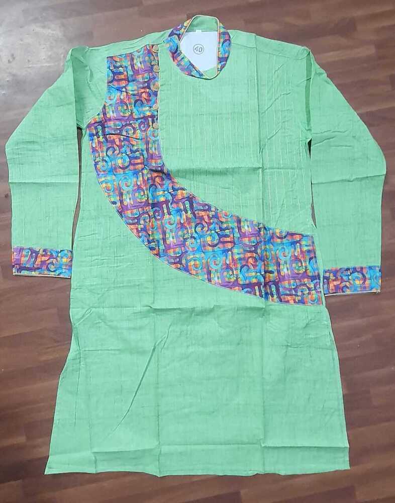 Green Cotton Print Joint Full Sleeves Kurta