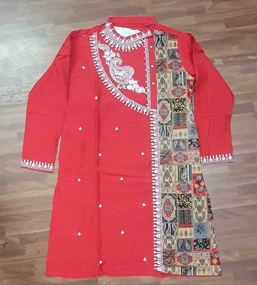 Cotton Silk Print Joint Embroidery Side Neck Full Sleeves Kurta