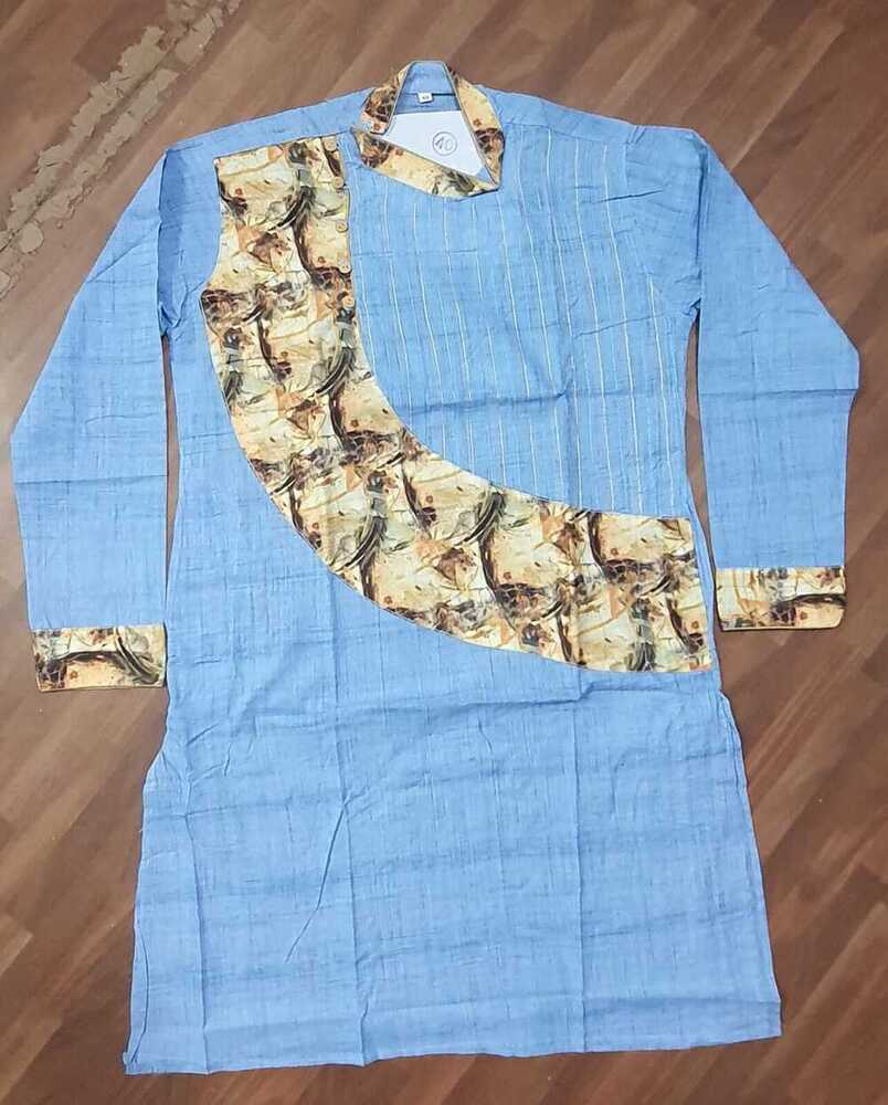 Blue Cotton Print Joint Full Sleeves Kurta