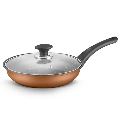 Carbon Steel Non Stick Fry Pan With Glass Lid 0.65 MM, Induction Friendly, Plain Handle (Class)