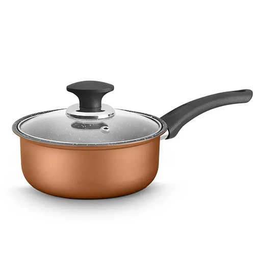 Carbon Steel Non Stick Sauce Pan With Glass Lid 0.65 MM, Induction Friendly, Plain Handle (Class)