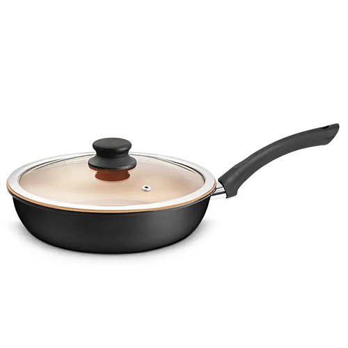 Aluminum Beaded Forged Non-Stick Fry Pan With Glass Lid 2.00 MM, Spiral Bottom, Black Handle (Delta)
