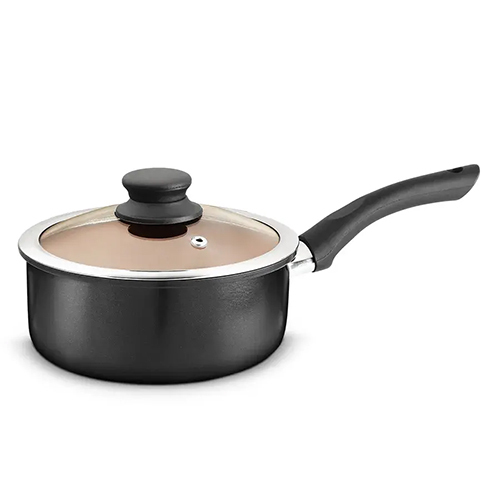 Aluminum Beaded Forged Non-Stick Sauce Pan With Glass Lid 2.00 MM, Spiral Bottom, Black Handle (Delta)
